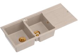 Quadri Luton nástavba dvojitého granitového dřezu pearl beige s odkapávací částí 116x50 cm s měděnou zástrčkou 1208971801
