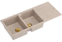 Quadri Luton nástavba dvojitého granitového dřezu pearl beige s odkapávačem 116x50 cm se zlatou zátkou 1208971809