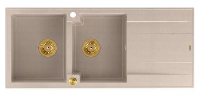 Quadri Luton nástavba dvojitého granitového dřezu pearl beige s odkapávačem 116x50 cm se zlatou zátkou 1208971809