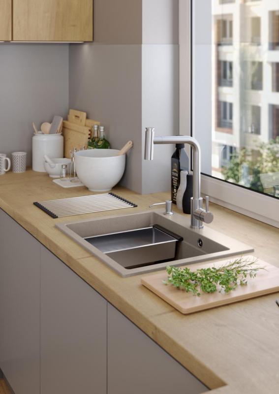 Granitový dřez Quadri Durham Pearl Beige s nástavbou 595x500 s dávkovačem mýdla, prkénkem na krájení, vložkovým dřezem a rolovací podložkou 1208971814