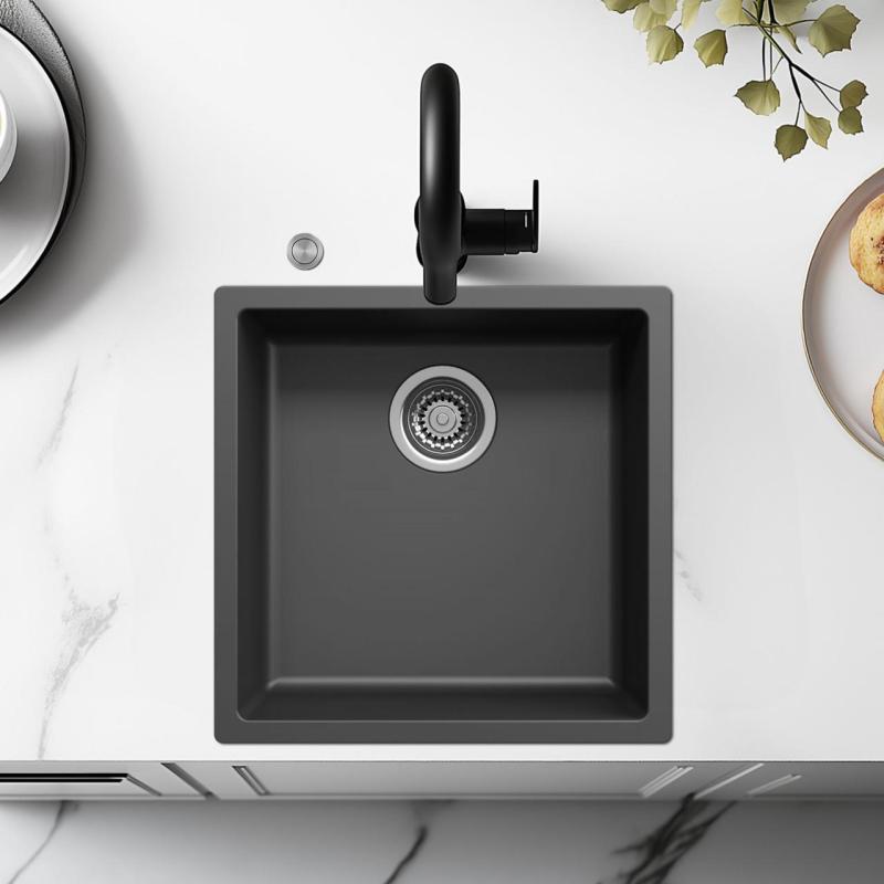 Ausmann Fiber černý dřez 40x40cm pro podstavbu, nástavbu a rovnou montáž s automatickou nerezovou zátkou 1208971836