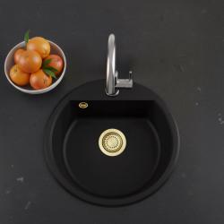 GraniteMy Bremen kulatý granitový dřez 43 cm černý, na povrchu a pod, s otvorem pro kohoutek a zlatou zátkou 1208971841