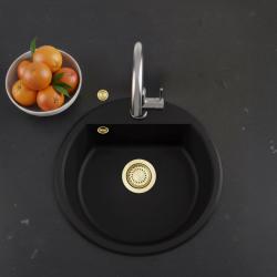 GraniteMy Bremen kulatý granitový dřez 43 cm černý, nástavba a podstavba, s dírou pro kohoutek a automatickou zlatou zátkou 1208971843