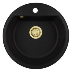 GraniteMy Bremen kulatý granitový dřez 43 cm černý, nástavba a podstavba, s dírou pro kohoutek a automatickou zlatou zátkou 1208971843