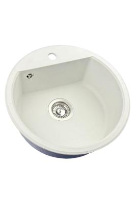 GraniteMy Bremen kulatý granitový dřez 43 cm bílý, na nástavbu a podstavbu, s otvorem pro kohoutek a automatickým nerezovým zátkou 1208971845