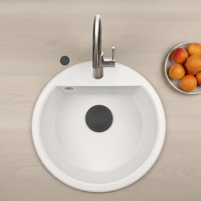 GraniteMy Bremen kulatý granitový dřez 43 cm bílý, nástavba a podstavba, s dírou pro kohoutek a automatickou černou zástrčkou 1208971846