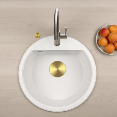 GraniteMy Bremen kulatý granitový dřez 43 cm bílý, nástavba a podstavba, s dírou pro kohoutek a automatickou zlatou zástrčkou 1208971848