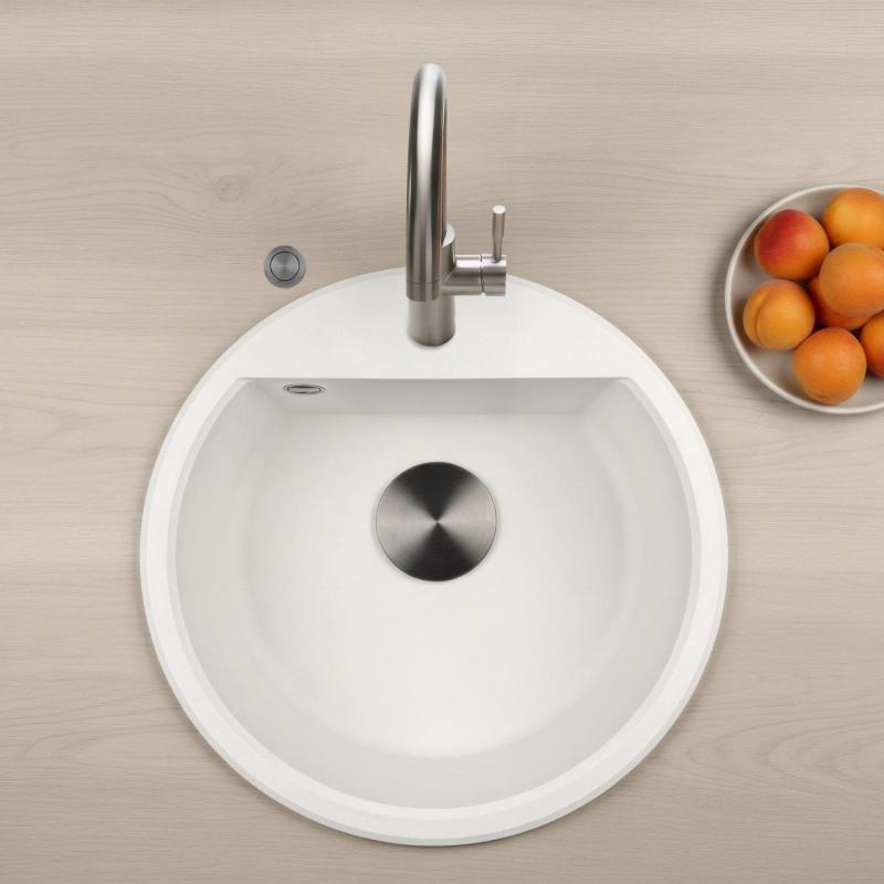 GraniteMy Bremen kulatý granitový dřez 43 cm bílý, nástavbový a vestavěný, s otvorem pro kohoutek a automatickou zátkou z kovu gun metal 1208971849