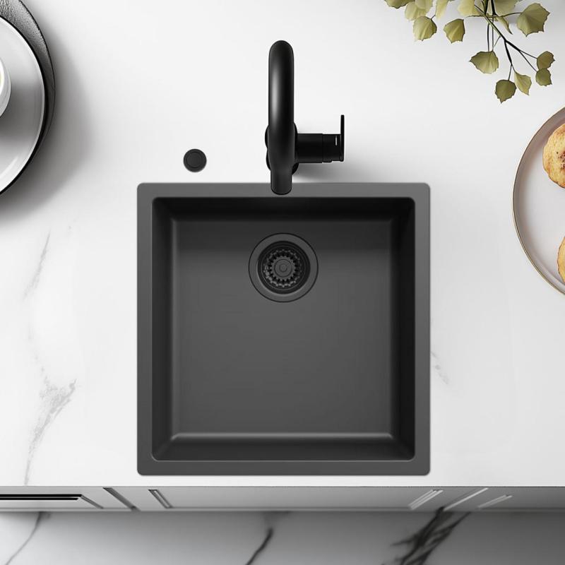 Ausmann Fibre černý dřez 40x40cm pro podstavbu, vestavbu a plochou montáž s automatickým černým uzávěrem 1208971851