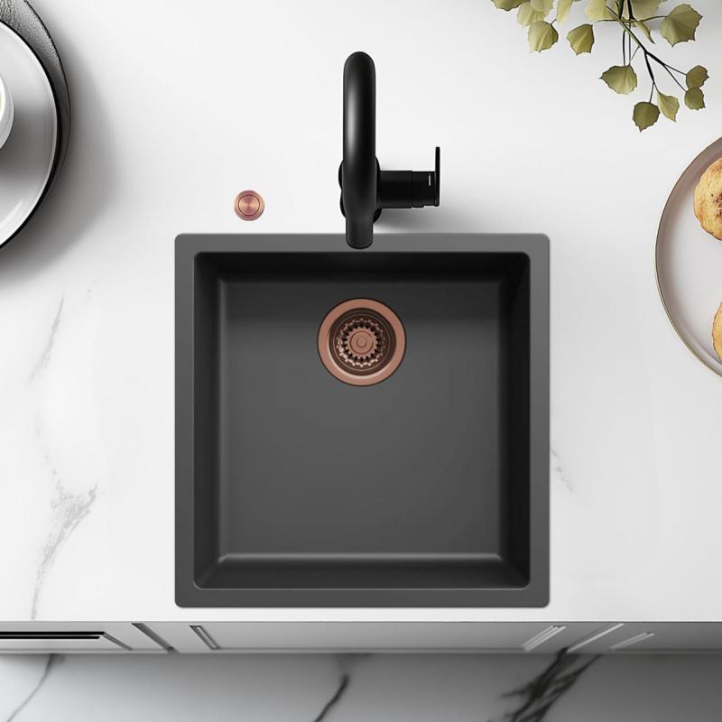 Ausmann Fiber černý dřez 40x40cm pro podskříň, nástavbu a rovnou montáž s automatickým měděným zátkou 1208971852
