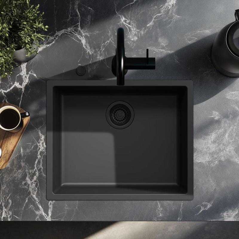 Ausmann Fiber černý dřez 50x40cm podskříňový, nástavbový a plochý s automatickým černým zátkou 1208971856