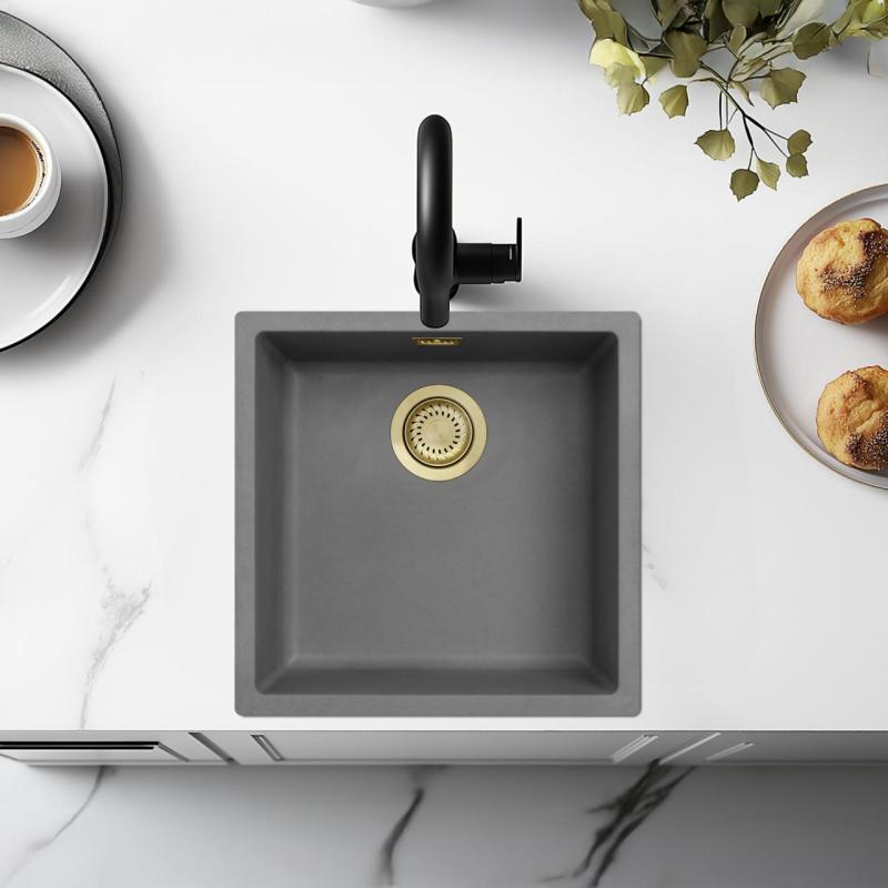 Ausmann Fibre betonový šedý dřez 40x40cm pro podstavbu, nástavbu a rovnou montáž s zlatou zátkou 1208971881