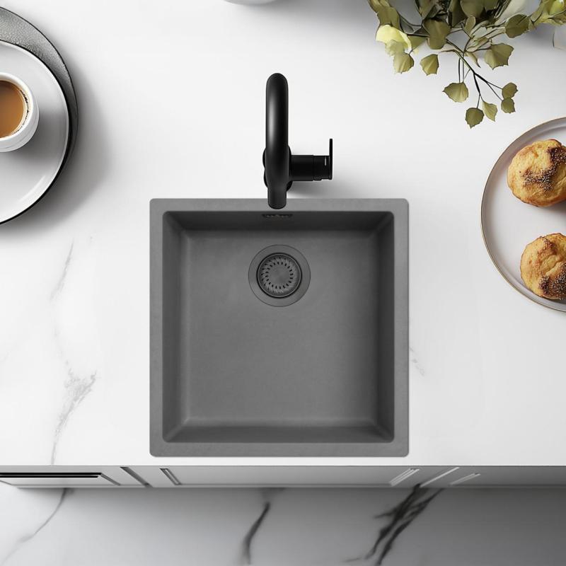 Ausmann Fibre betonový šedý dřez 40x40cm pro podstavbu, nadstavbu a rovnou montáž s kovovou zástrčkou gun metal 1208971882
