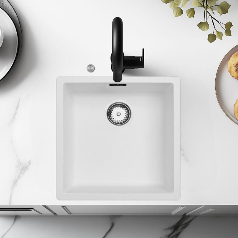 Ausmann Fiber bílý dřez 40x40cm pro vestavbu, nástavbu a rovnou vestavbu s automatickým nerezovým zátkou 1208971891