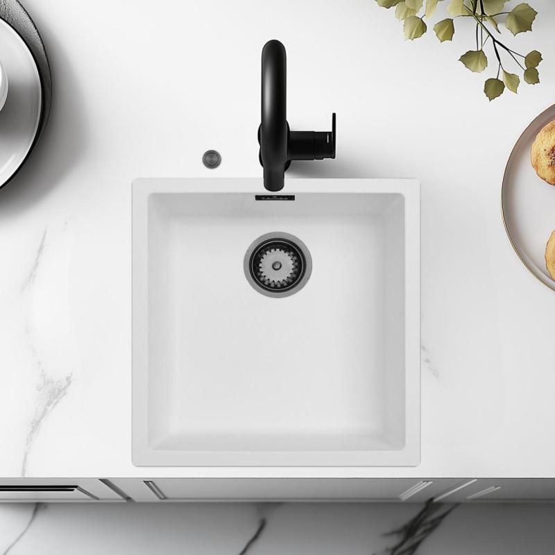 Ausmann Fiber bílý dřez 40x40cm pro montáž pod, na nebo rovnou s automatickým šedometalickým zátkou 1208971895