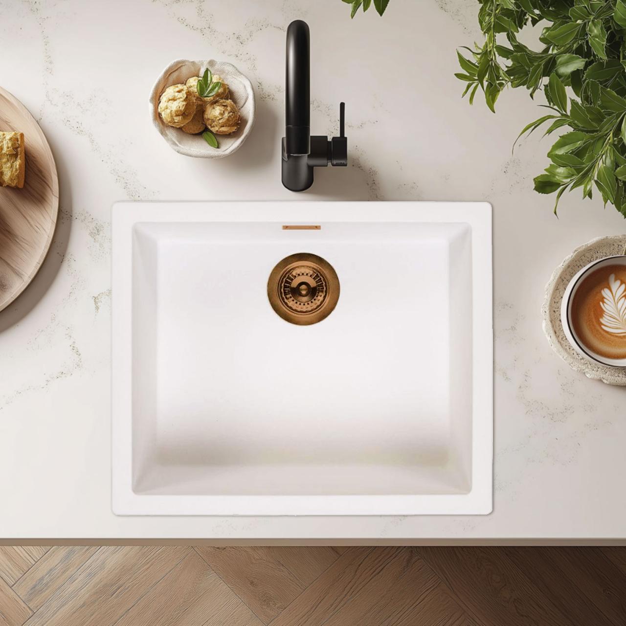 Ausmann Fiber bílý dřez 50x40cm pro podstavbu, nástavbu a rovnou montáž s automatickým měděným zátkou 1208971900