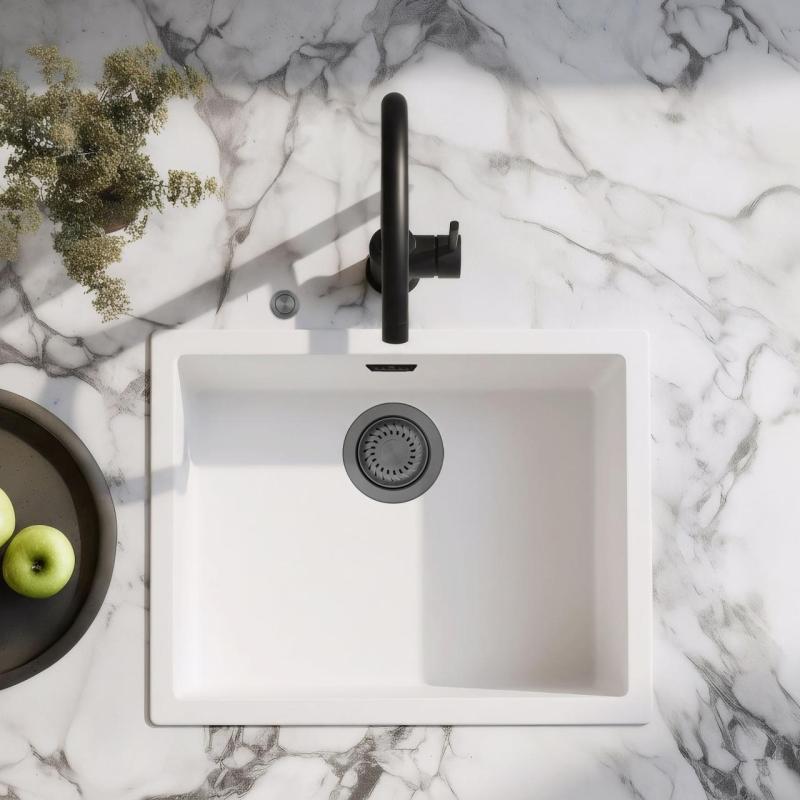 Ausmann Fibre bílý dřez 50x40cm pro montáž pod, na nebo do roviny s automatickou zásuvkou v barvě gun metal 1208971902