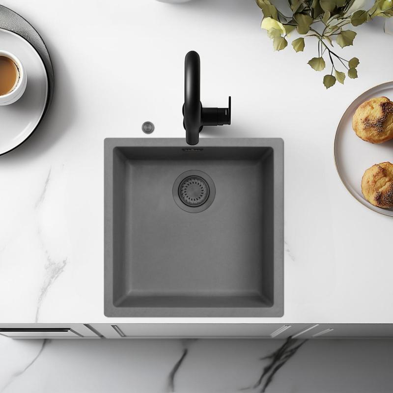 Ausmann Fibre betonový šedý dřez 40x40cm na podložku, nástavbu a plochou vestavbu s automatickou zásuvkou z gun metal 1208971914
