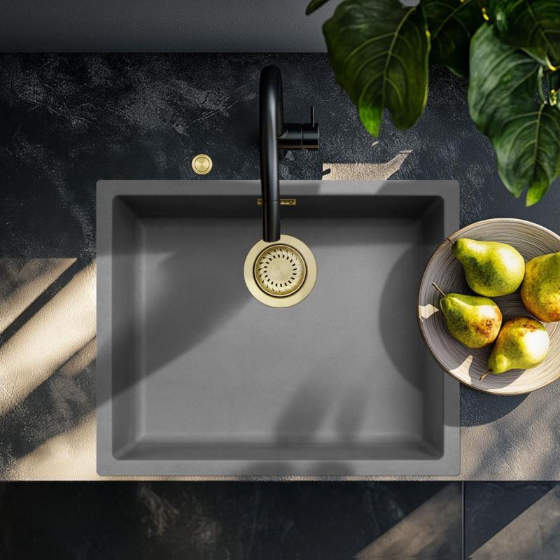 Ausmann Fibre betonové šedé umyvadlo 50x40cm podstavba, nástavba a rovná montáž s automatickým zlatým špuntom 1208971918