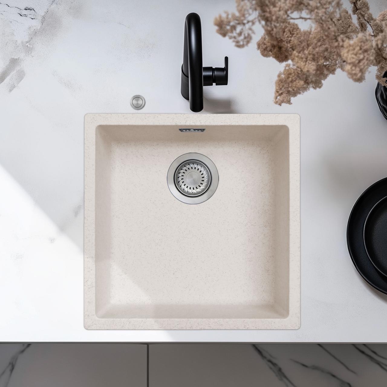 Ausmann Fibre pískový bílý dřez 40x40cm pro podskříň, nástavbu a rovnou montáž s automatickou nerezovou zátkou 1208971925
