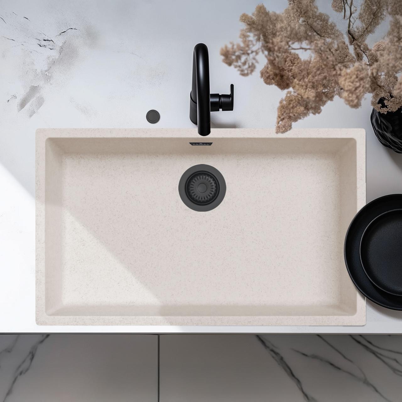 Ausmann Fibre písek bílý velký dřez 70x40cm pro podstavbu, nástavbu a rovnou montáž s automatickou černou zástrčkou 1208971936
