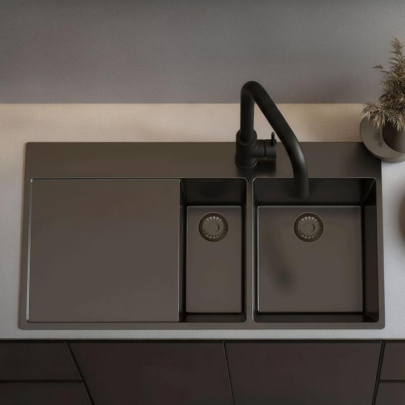 Pure.Sink Exclusivo Gun metal 1,5  dřez s odkapávací částí 100x52 cm Tapwing vpravo PEX3418100RT-61