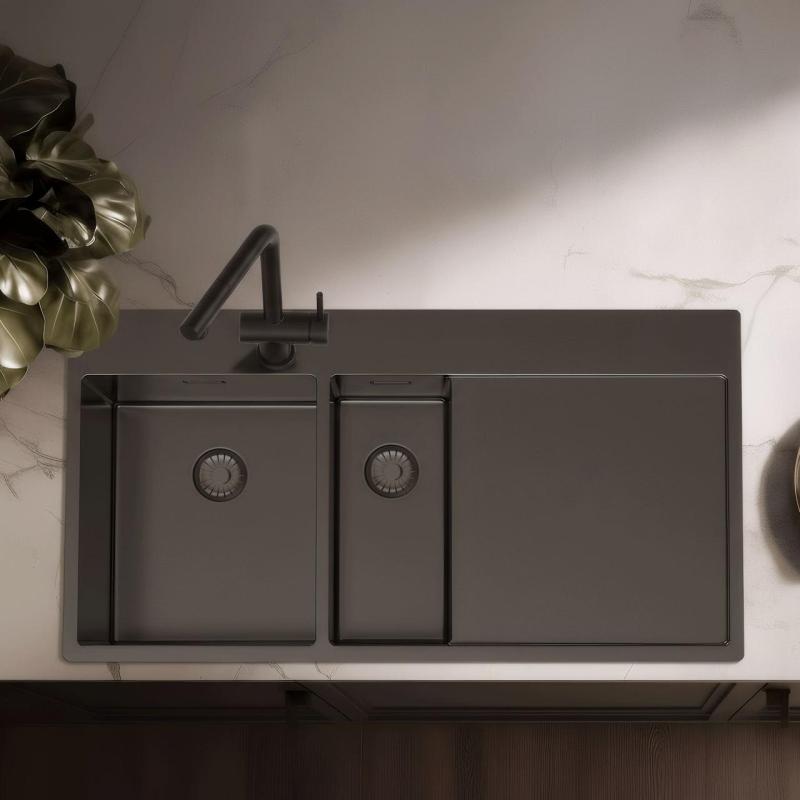 Pure.Sink Exclusivo Gun metal 1,5  dřez s odkapávací částí 100x52 cm Tapwing vlevo PEX3418100LT-61