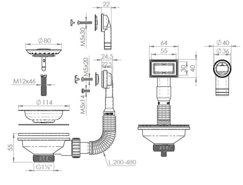 Pure.Sink Universal sada košíkových zátok z broušeného nerezového oceli, odtoková sada pro dřez včetně přepadu kulatého a obdélníkového WSTMAN-02