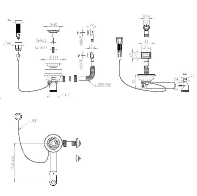 Pure.Sink Universal Matná černá odtoková sada včetně tlačítkového odpadu s ucpávkou, plus obdélníkový a kulatý přepad WSTAUT-31