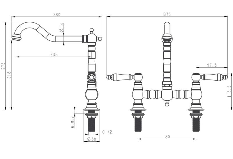 Aquanello Heritage Manor Klasická kuchyňská baterie Nostalgic Bridge z nerezové oceli s bílou rukojetí NB-0010-HM