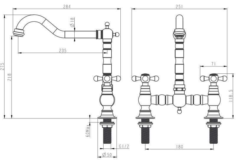 Aquanello Heritage Ascot Klasická kuchyňská baterie Nostalgic Bridge, černá, s křížovými rukojeťmi BL-4001-HA