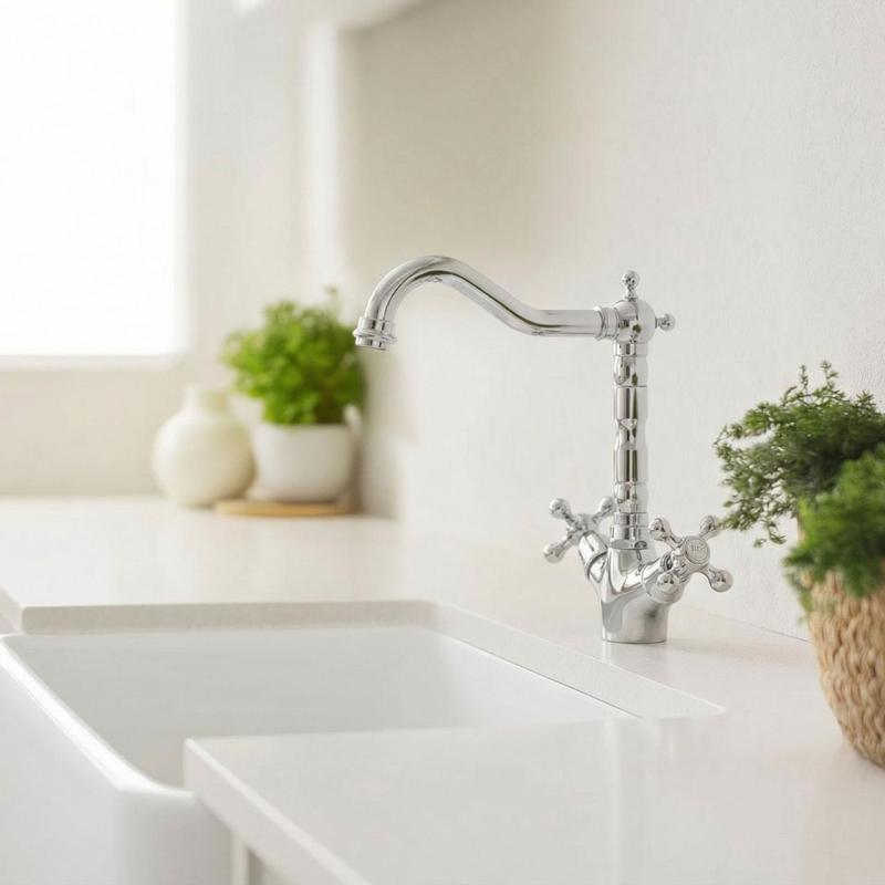 Aquanello Heritage Ascot Klasická kuchyně – nostalgická kuchyňská baterie v chromovém provedení s úhlovým výtokem CR-4002-HA