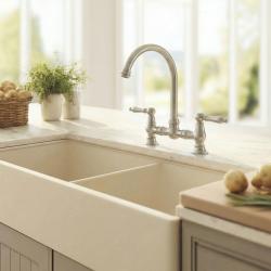 Aquanello Heritage Manor Klasická kuchyňská baterie v nostalgickém stylu s chromovým povrchem, bílou rukojetí a kulatým výtokem CR-0011-HM