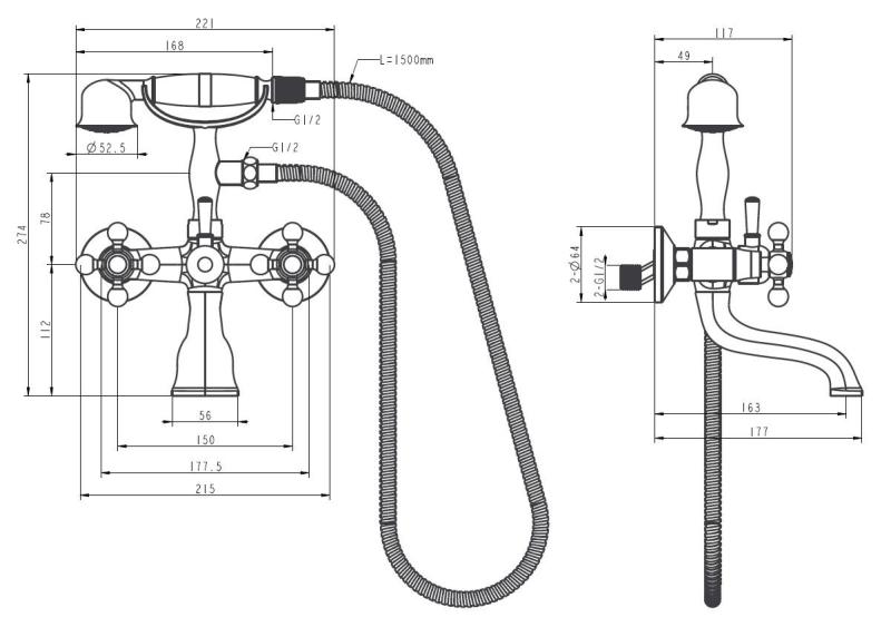 Aquanello Heritage Ascot Klasická nástěnná vanová baterie s hvězdicovými kohoutky, bronzová, včetně ruční sprchy BN-3002-HA