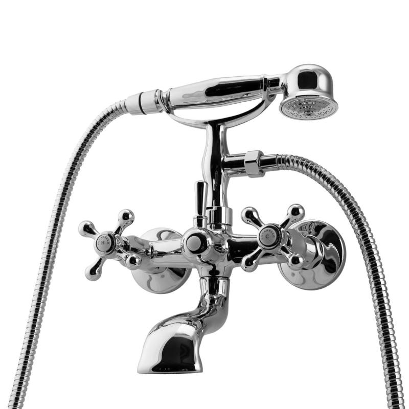 Aquanello Heritage Ascot Klasická nástěnná vanová baterie s hvězdicovými kohoutky, chrom, včetně ruční sprchy CR-3002-HA