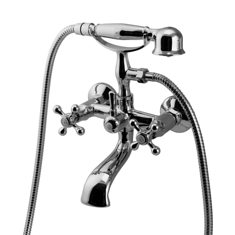 Aquanello Heritage Ascot Klasická nástěnná vanová baterie s hvězdicovými kohoutky, chrom, včetně ruční sprchy CR-3002-HA