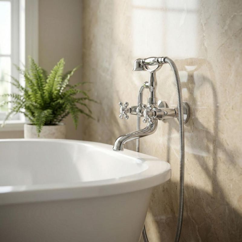 Aquanello Heritage Ascot Klasická nástěnná vanová baterie s hvězdicovými kohoutky, chrom, včetně ruční sprchy CR-3002-HA