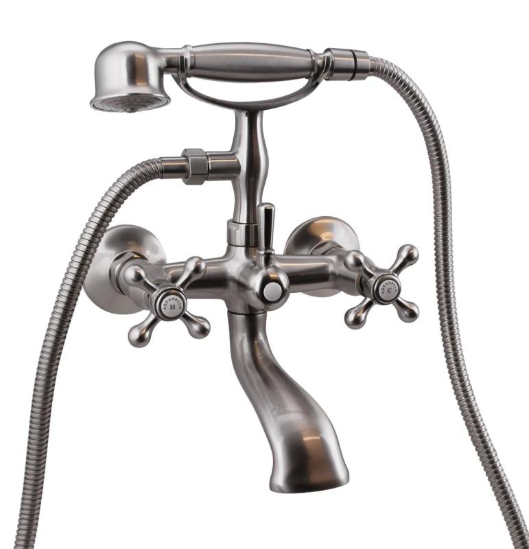 Aquanello Heritage Ascot Klasická nástěnná vanová baterie s hvězdicovými kohoutky z nerezové oceli včetně ruční sprchy NB-3002-HA