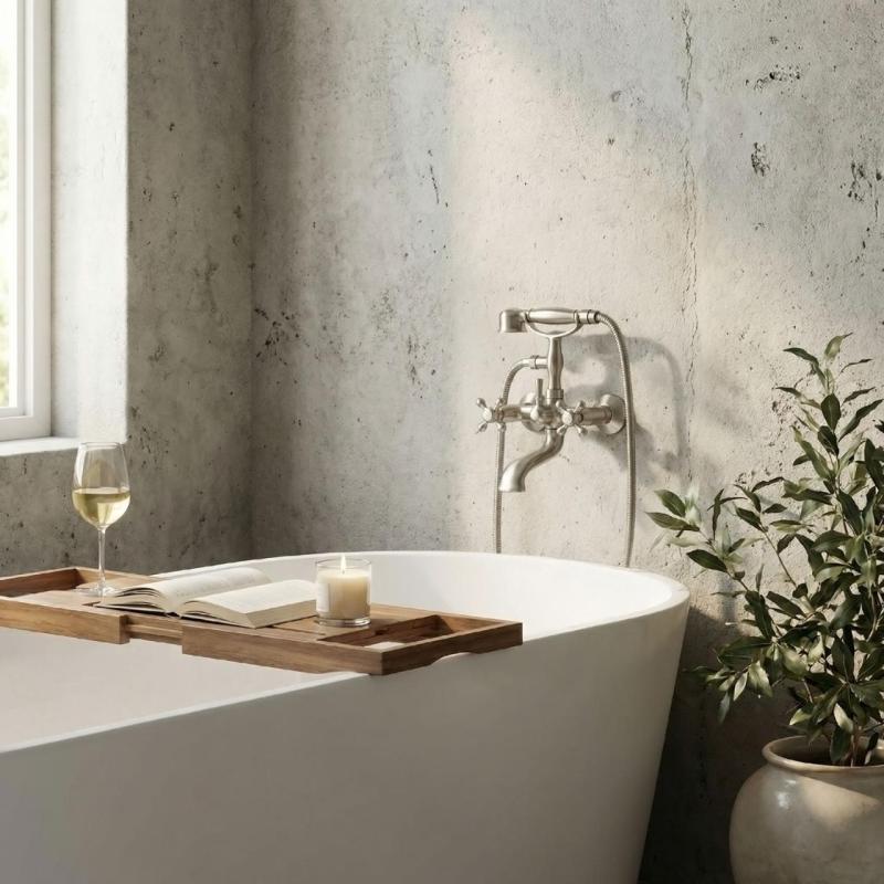 Aquanello Heritage Ascot Klasická nástěnná vanová baterie s hvězdicovými kohoutky z nerezové oceli včetně ruční sprchy NB-3002-HA