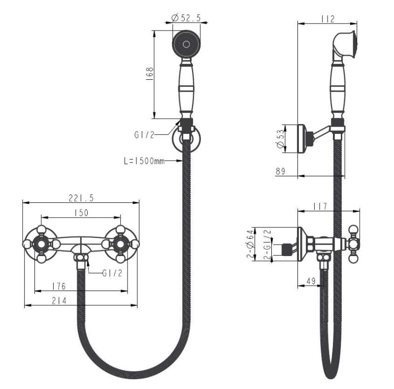Aquanello Heritage Ascot Klasická sprchová baterie s hvězdicovými kohoutky, chrom, včetně ruční sprchy CR-2002-HA