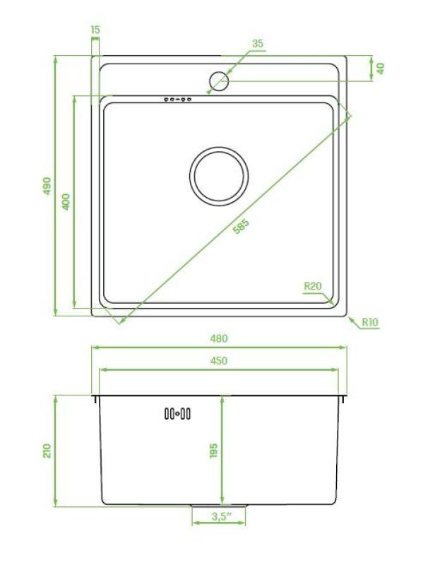 Aquadesign Plana Nerezový povrchový dřez 48 x 49 cm s otvorem pro kohoutek, včetně sifonu a odtokové zátky Clickclack 1208972559
