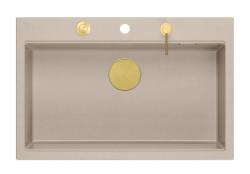 Quadri Hard Rock Velký nerezový dřez z béžového granitu 76 x 50 cm včetně zlaté zátky a příslušenství 1208972701