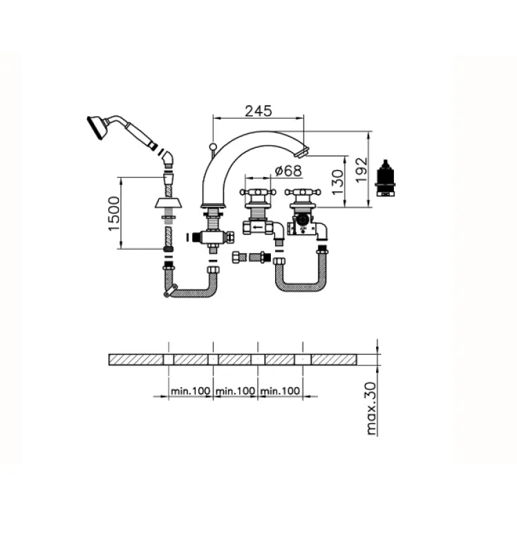 Huber Victoria 4 otvory Termostatická vanová baterie se sprchovou sadou Chrom VTT7601021
